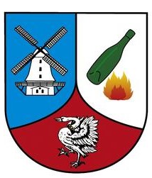 a coat of arms with a windmill and a swan